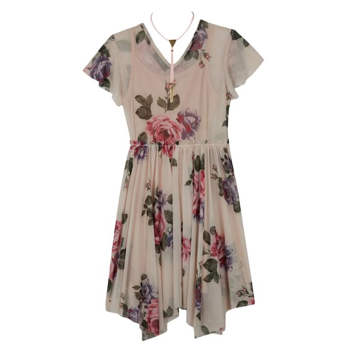 Girls 7-16 Iz Amy Byer Floral Fit & Flare Handkerchief Hem Dress With Necklace, Size: 10, Blush Floral