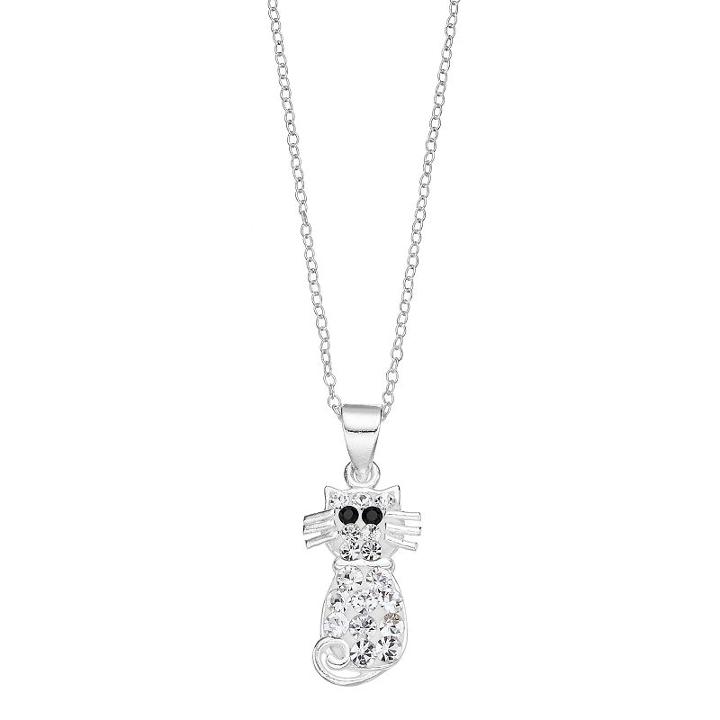 Charming Girl Kids' Sterling Silver Crystal Cat Pendant Necklace, White