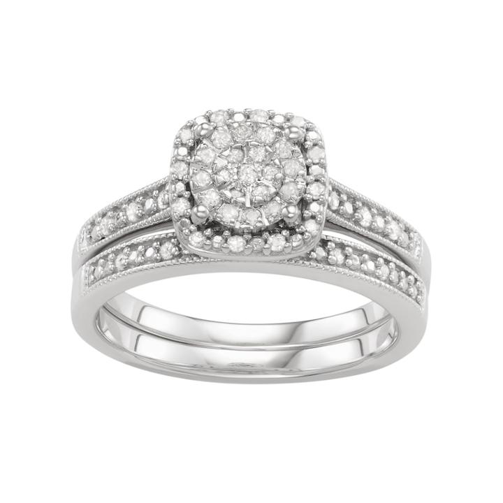 Sterling Silver 1/4 Carat T.w. Engagement Ring Set, Women's, Size: 7, White