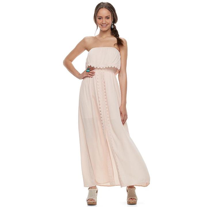 Juniors' Hint Of Mint Crochet Strapless Maxi Dress, Teens, Size: Large, Pink Ovrfl