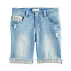 Girls 7-16 Mudd&reg; Embroidered Hem Light Wash Denim Bermuda Shorts, Size: 7, Light Blue