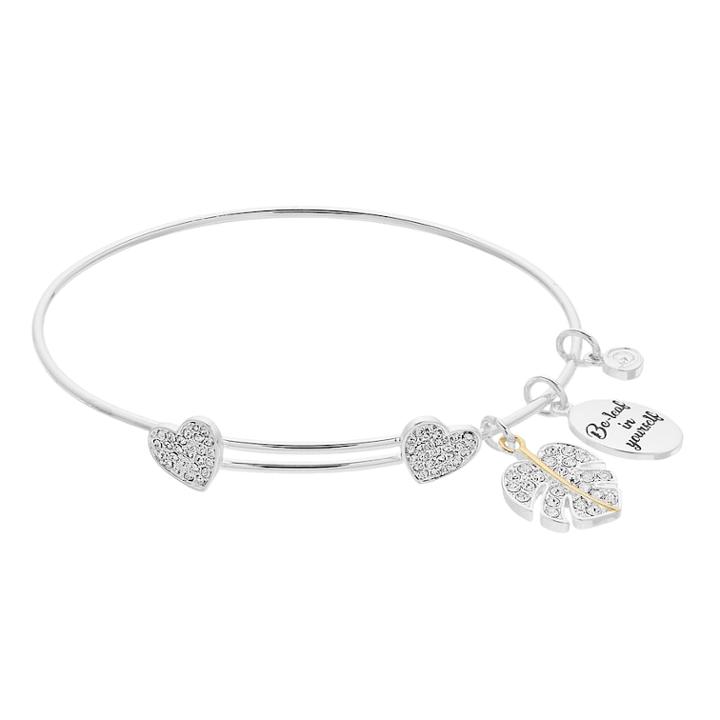 Love This Life Crystal Be-leaf In Yourself Heart Cham Bangle Bracelet, Women's, Silver