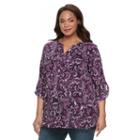 Plus Size Croft & Barrow&reg; Printed Roll-tab Henley Shirt, Women's, Size: 1xl, Drk Purple