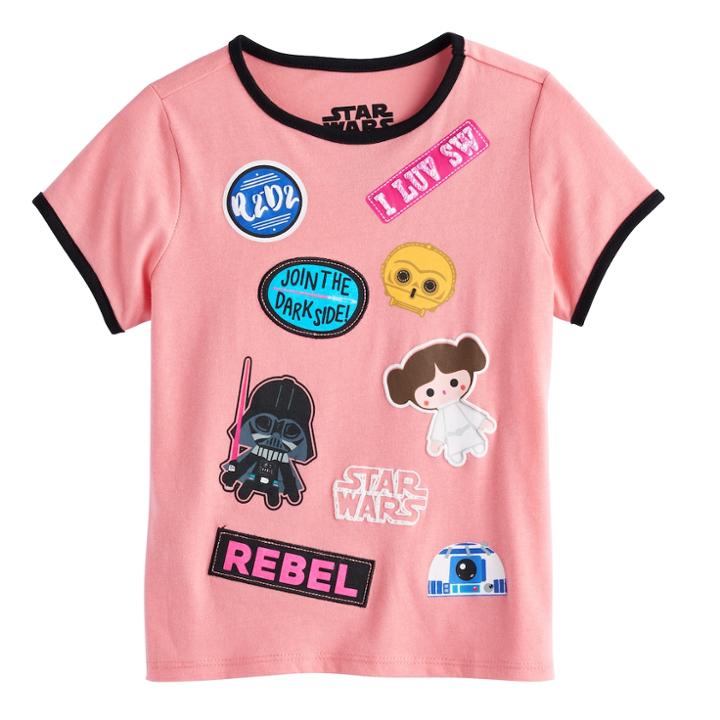 Girls 7-16 Star Wars Darth Vader, Princess Leia, R2-d2 & C-3po Cartoon Graphics & Patches Tee, Size: Small, Pink