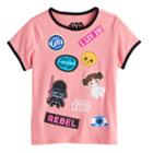 Girls 7-16 Star Wars Darth Vader, Princess Leia, R2-d2 & C-3po Cartoon Graphics & Patches Tee, Size: Small, Pink