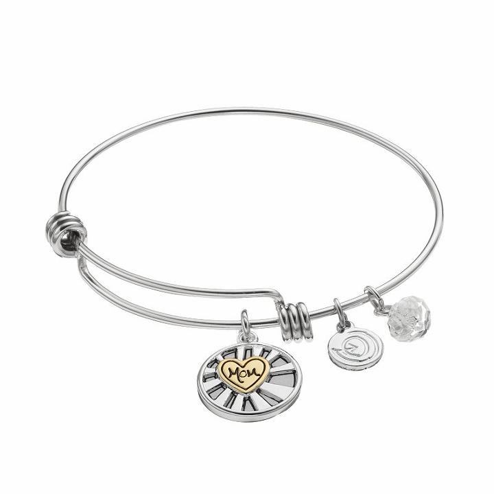 Love This Life Two Tone Mom Heart Charm Bangle Bracelet, Women's, Size: 8, Grey