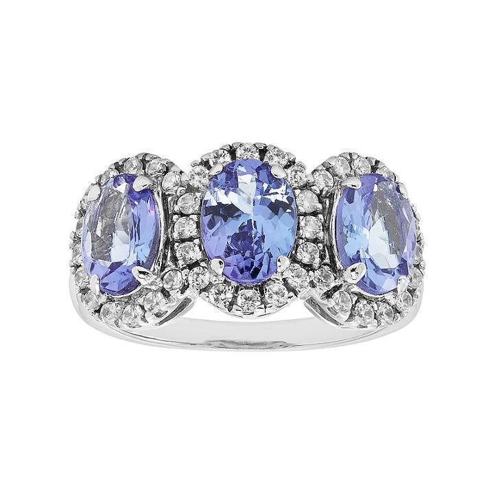 Sterling Silver Tanzanite & White Zircon 3-stone Oval Halo Ring, Women's, Size: 6, Purple