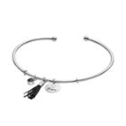 Silver Plated Peace Tassel Charm Cuff Bracelet, Women's, Black