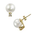 14k Gold Akoya Cultured Pearl And Diamond Accent Stud Earrings, Women's, White