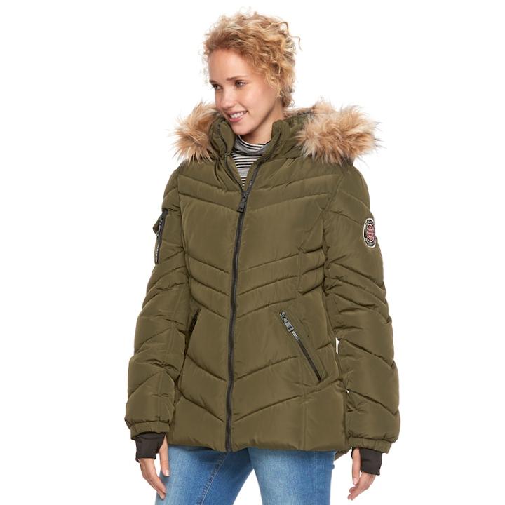 Madden Nyc Juniors' Faux-fur Hood Quilted Puffer Jacket, Teens, Size: Large, Lt Green