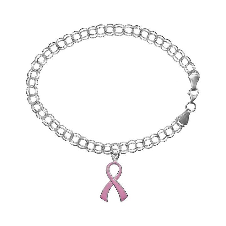 Platinum Over Silver Breast Cancer Awareness Ribbon Charm Bracelet, Women's, Pink