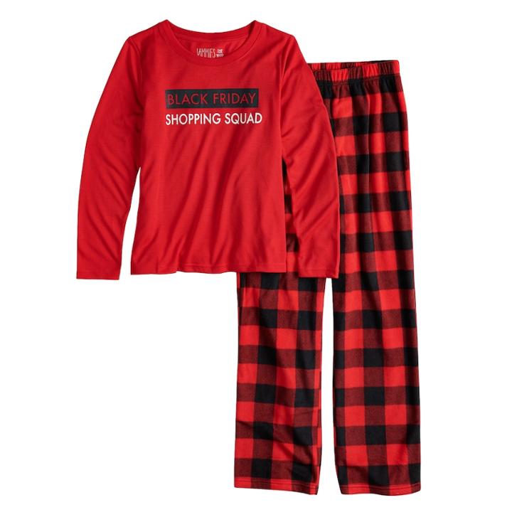 Girls 7-16 Jammies For Your Families Thanksgiving Black Friday Shopping Squad Top & Buffalo Checkered Microfleece Bottoms Pajama Set, Size: 14, Red