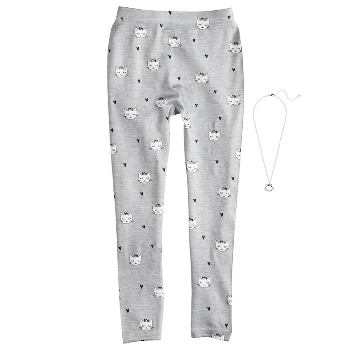 Girls 4-14 Kitty Cat Fleece-lined Leggings With Necklace, Size: S-m, Grey