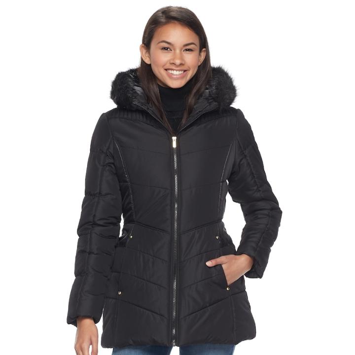 Juniors' Pink Envelope Faux-fur Hood Puffer Jacket, Teens, Size: Xl, Black