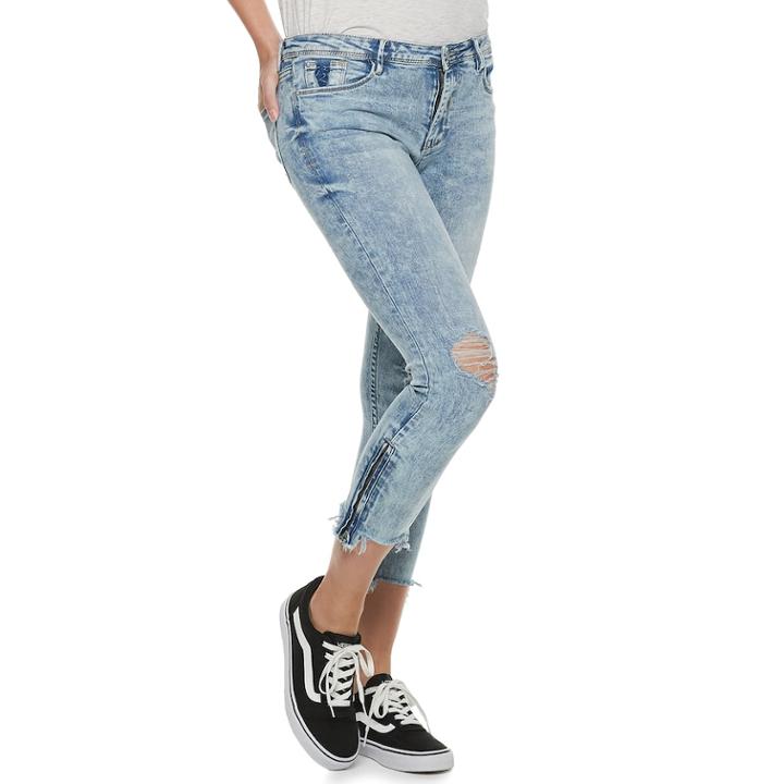 Juniors' Almost Famous Mid-rise Frayed & Zipper Hem Skinny Jeans, Teens, Size: 11, Blue
