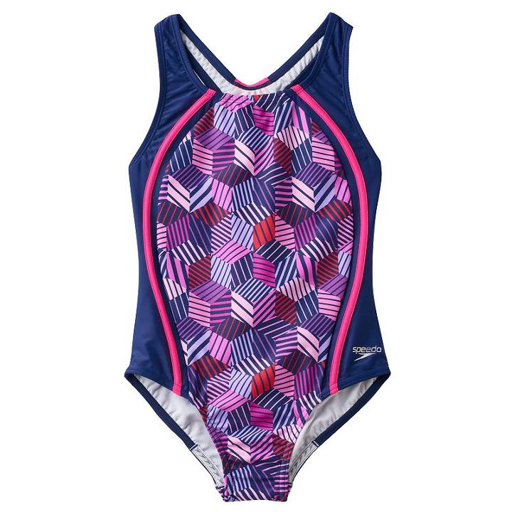 Girls 7-16 Speedo Patchwork Cubes Sport One-piece Swimsuit, Girl's, Size: 14, Med Pink