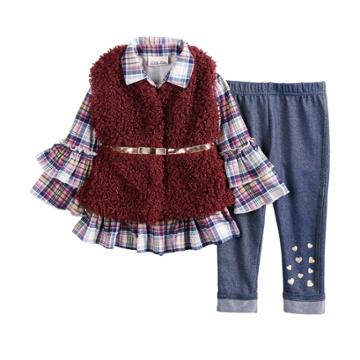 Baby Girl Little Lass Plaid Ruffle Henley, Faux-fur Vest & Jeggings Set, Size: 12 Months, Dark Red