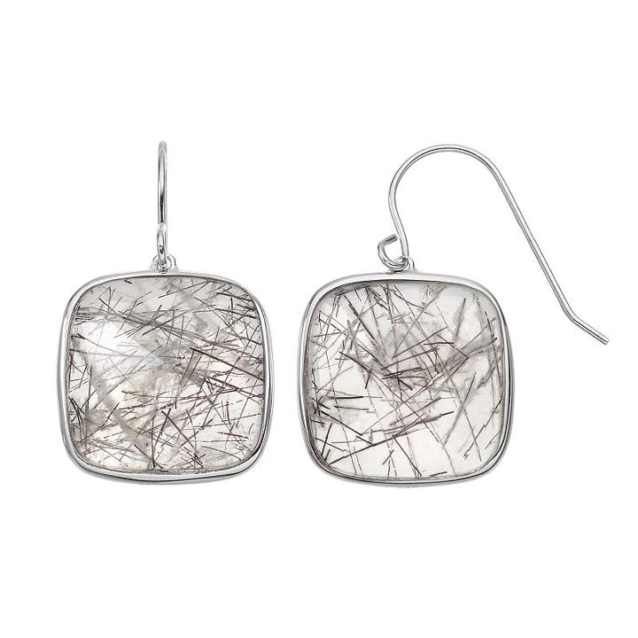 Sterling Silver Black Rutilated Quartz Square Drop Earrings, Women's