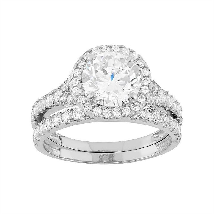 Cubic Zirconia Halo Engagement Ring Set In 10k Gold, Women's, Size: 5, White