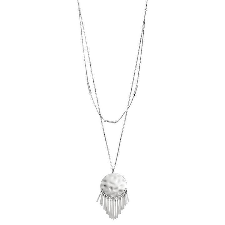 Long Hammered Disc Fringe Pendant Necklace, Women's, Silver