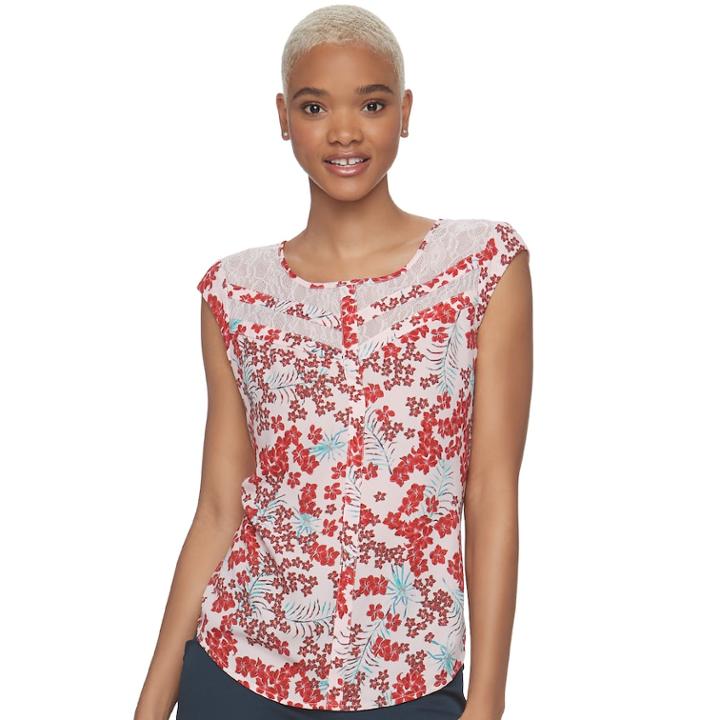 Juniors' Candie's&reg; Print Lace Inset Top, Teens, Size: Large, Dark Pink