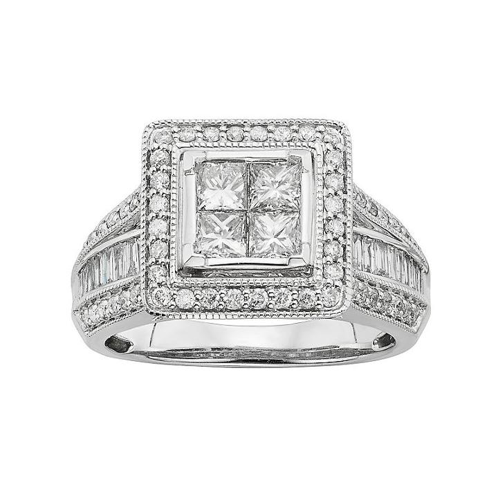 Diamond Square Halo Engagement Ring In 10k White Gold (1 1/2 Carat T.w.), Women's, Size: 9.50