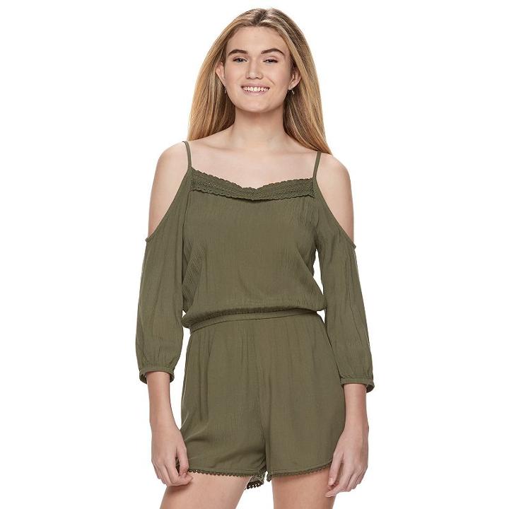 Juniors' Mudd&reg; Crochet Cold Shoulder Romper, Girl's, Size: Small, Med Green