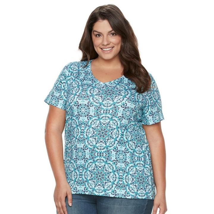 Plus Size Croft & Barrow&reg; Print Asymmetrical-hem Tee, Women's, Size: 3xl, Turquoise/blue (turq/aqua)