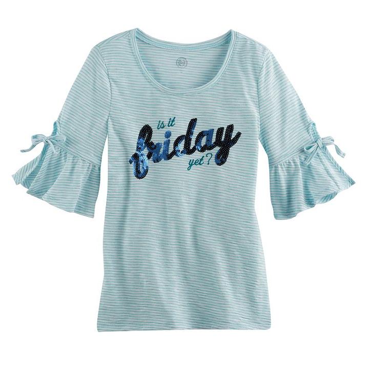 Girls 7-16 So&reg; 3/4-length Bell Sleeve Sequin Striped Tee, Size: 14, Turquoise/blue (turq/aqua)