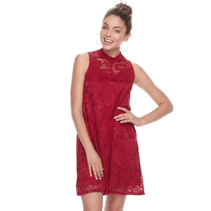 Juniors' Liberty Love Mockneck Lace Shift Dress, Teens, Size: Medium, Red