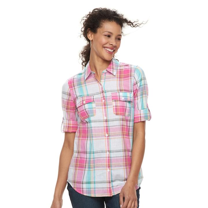 Women's Croft & Barrow&reg; Roll-tab Woven Shirt, Size: Large, Med Pink