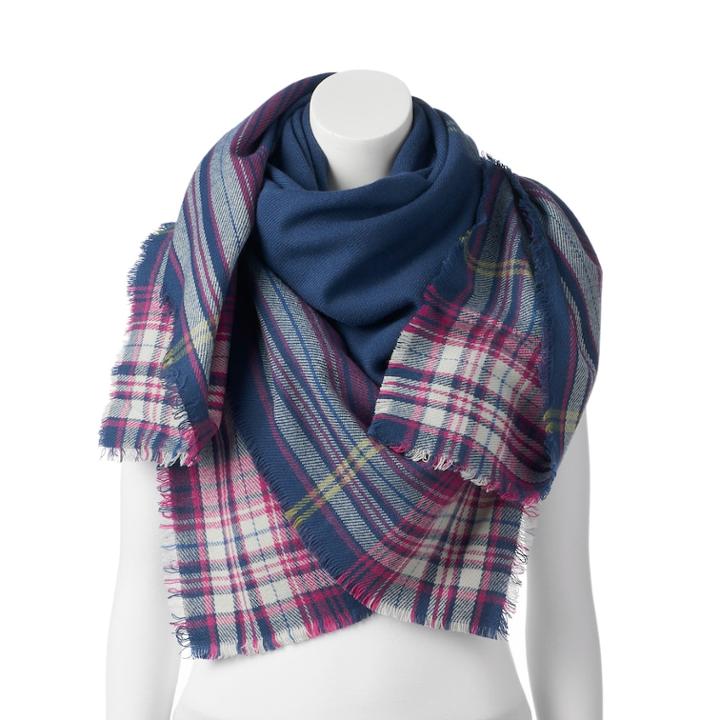 Women's Chaps Plaid Border Square Scarf, Blue (navy)