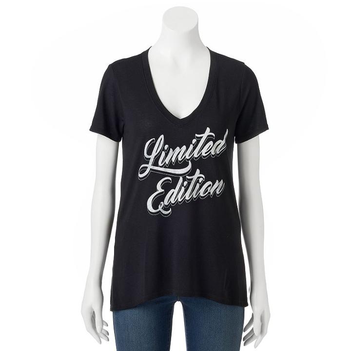 Juniors' Limited Edition V-neck Graphic Tee, Girl's, Size: Small, Black