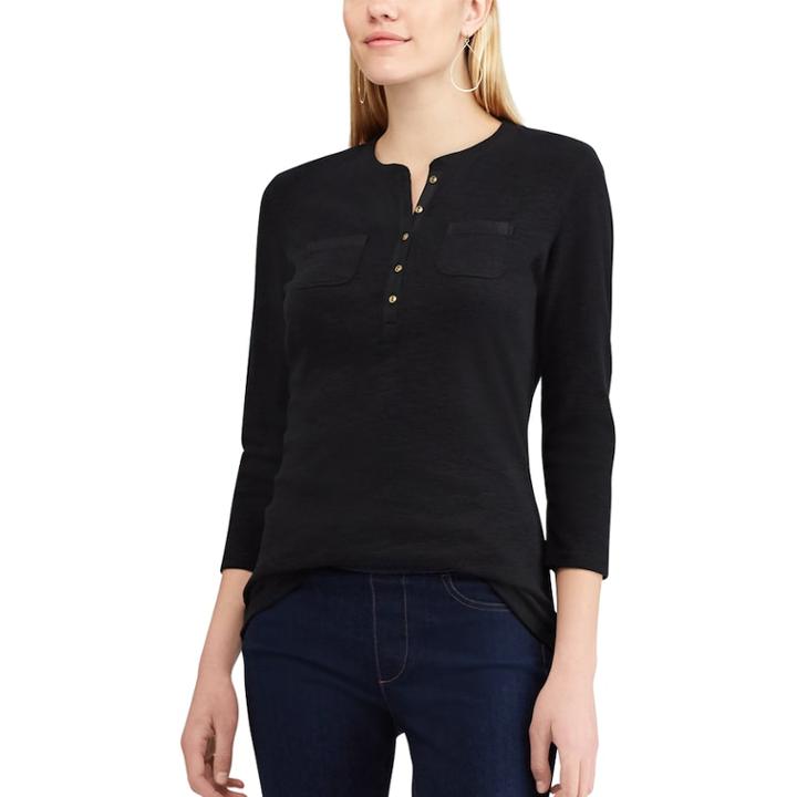Women's Chaps 3/4-sleeve Henley, Size: Xxl, Black