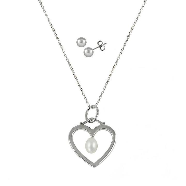 Sterling Silver Freshwater Cultured Pearl Heart Pendant And Stud Earring Set, Women's, Size: 18, White