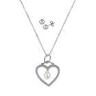 Sterling Silver Freshwater Cultured Pearl Heart Pendant And Stud Earring Set, Women's, Size: 18, White
