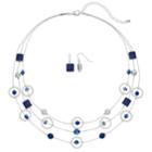 Triple Strand Blue Geometric Necklace & Earring Set, Women's