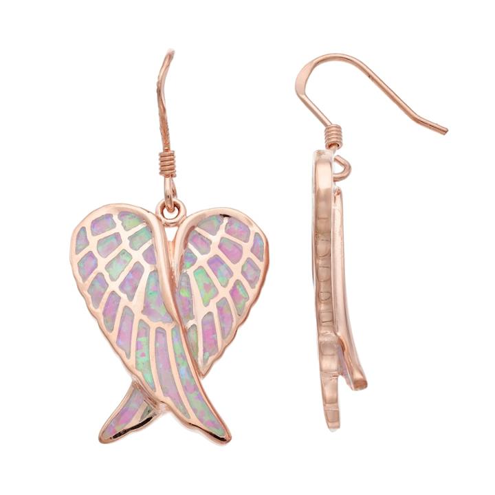 14k Rose Gold Over Silver Lab-created Pink Opal Angel Wing Drop Earrings, Women's