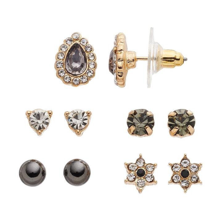 Lc Lauren Conrad Black Flower & Teardrop Stud Earring Set, Women's