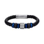 Two Tone Stainless Steel Beaded & Braided Leather Bracelet - Men, Size: 8.5, Black
