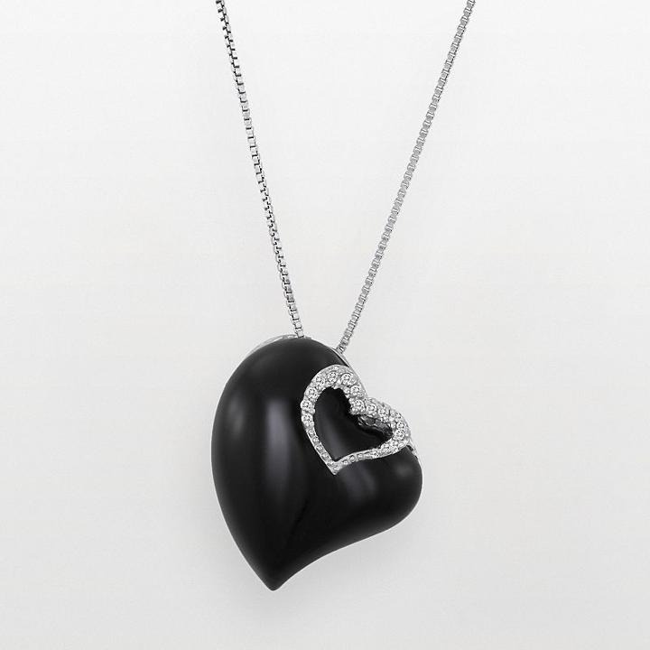 Sterling Silver White Topaz And Black Agate Heart Pendant, Women's, Size: 18