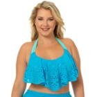 Juniors' Plus Size In Mocean Lasercut Flounce Halter Bikini Top, Size: 0x, Turquoise/blue (turq/aqua)