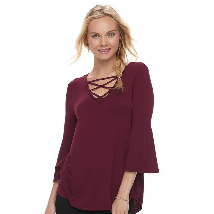 Juniors' Pink Rose Strappy Bell Sleeve Top, Teens, Size: Medium, Brt Red