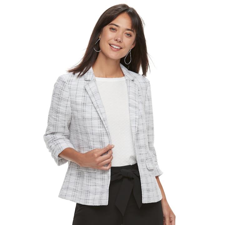 Women's Elle™ Tweed Ruched-sleeve Blazer, Size: Xl, White