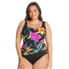 Plus Size Great Lengths Tummy Slimmer Floral Sash Detail One-piece Swimsuit, Women's, Size: 16, China Lilly Multi