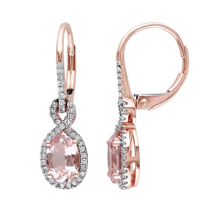 Morganite And 1/4 Carat T.w. Diamond 10k Rose Gold Drop Earrings, Women's, Pink