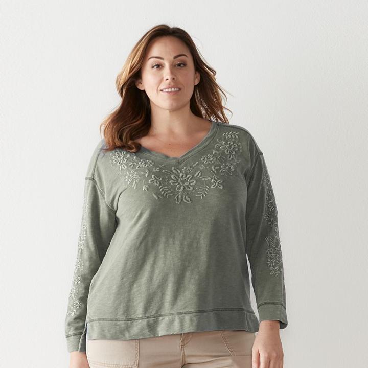 Plus Size Sonoma Goods For Life™ Embroidered French Terry Sweatshirt, Women's, Size: 2xl, Med Green
