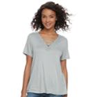 Juniors' Cloud Chaser Floral Crochet V-neck Tee, Teens, Size: Small, Grey