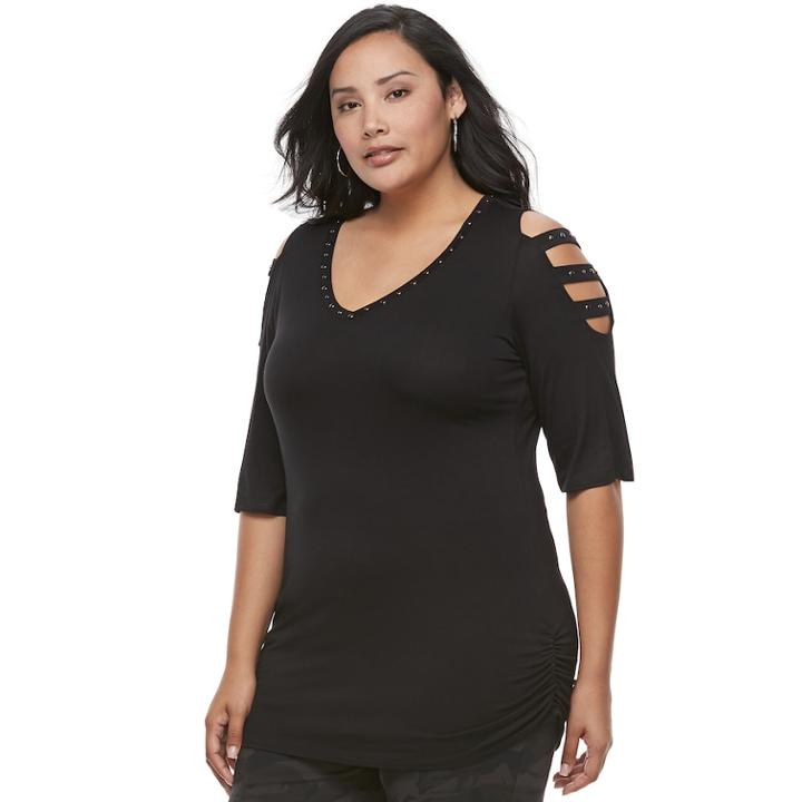 Plus Size Rock & Republic&reg; Embellished Cold-shoulder Cutout Tee, Women's, Size: 3xl, Black
