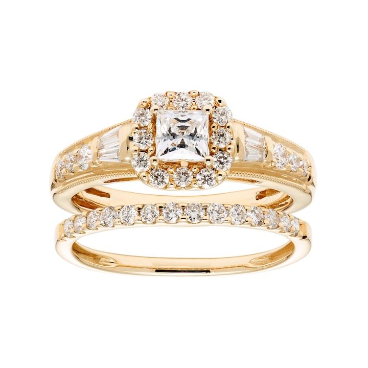 14k Gold 1 Carat T.w. Igl Certified Diamond Square Halo Engagement Ring Set, Women's, Size: 10, White